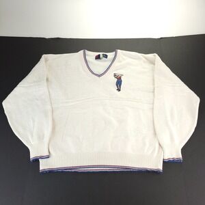 Isle Of Cotton Sweater Mens Large White Red Blue Chunky 3d Green Golfer Made USA